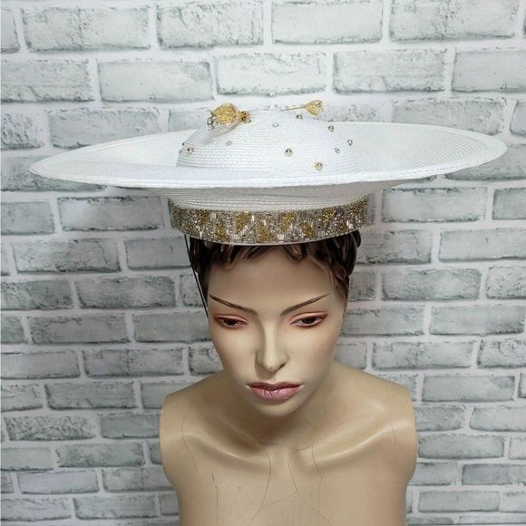 Vintage 80s 90s TIM CRAWFORD White Straw Rhinestone Beaded‎ Derby Cartwheel Hat main image 4